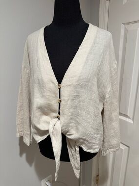 Zara Tan Cream Linen button & tie front Detail top blouse cover up, Sz L, NWT